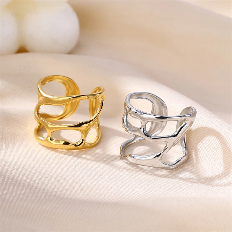 Letdiffery Trendy Geometric Open Rings for Women Stainless Steel Gold Color Ins Style Irregular Adjustable Statement Cuff Rings