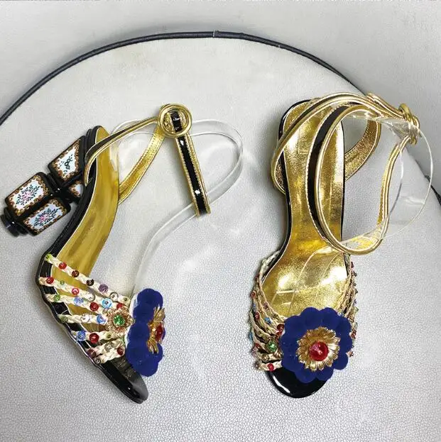 الصيف أضاليا زهرة الأزهار مكعب صندل كعب عالٍ اللمحة تو جوهرة كريستال متعدد الترتر حزام انقطاع امرأة مأدبة فستان الأحذية