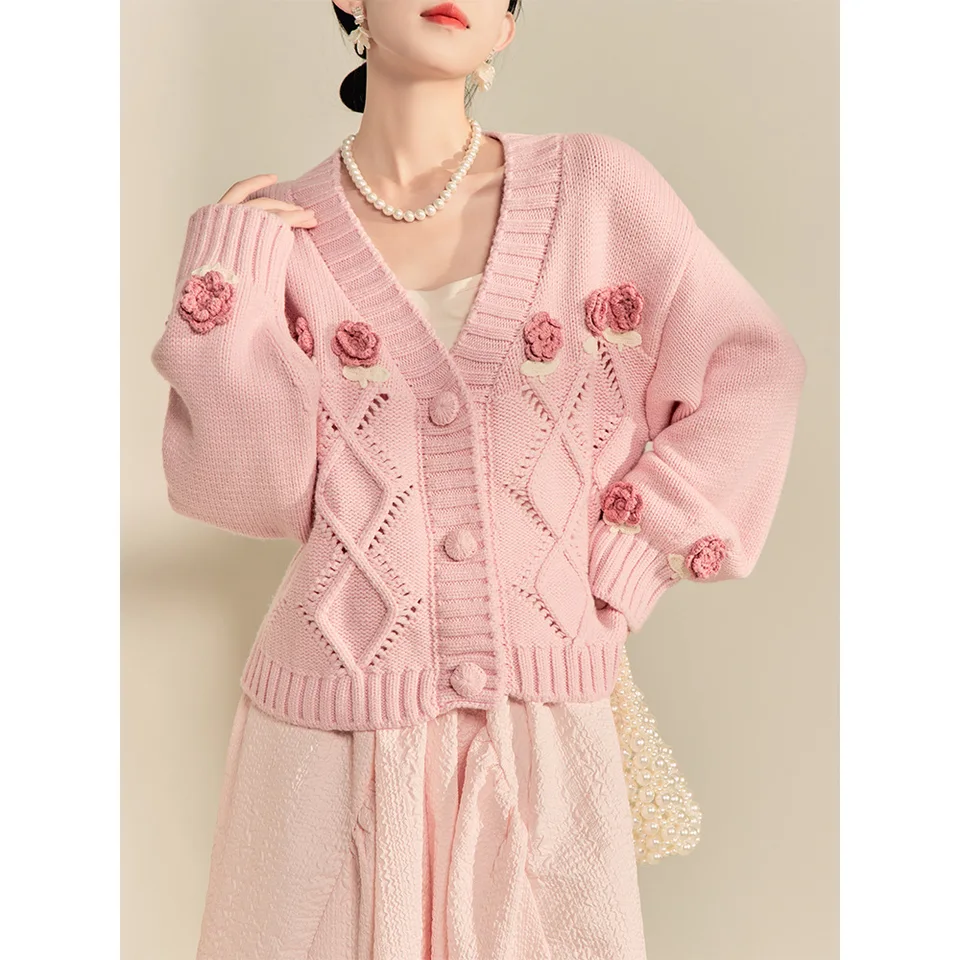 Pink Embroidered 3D Flower Design V-neck Knitting Cardigan Women's