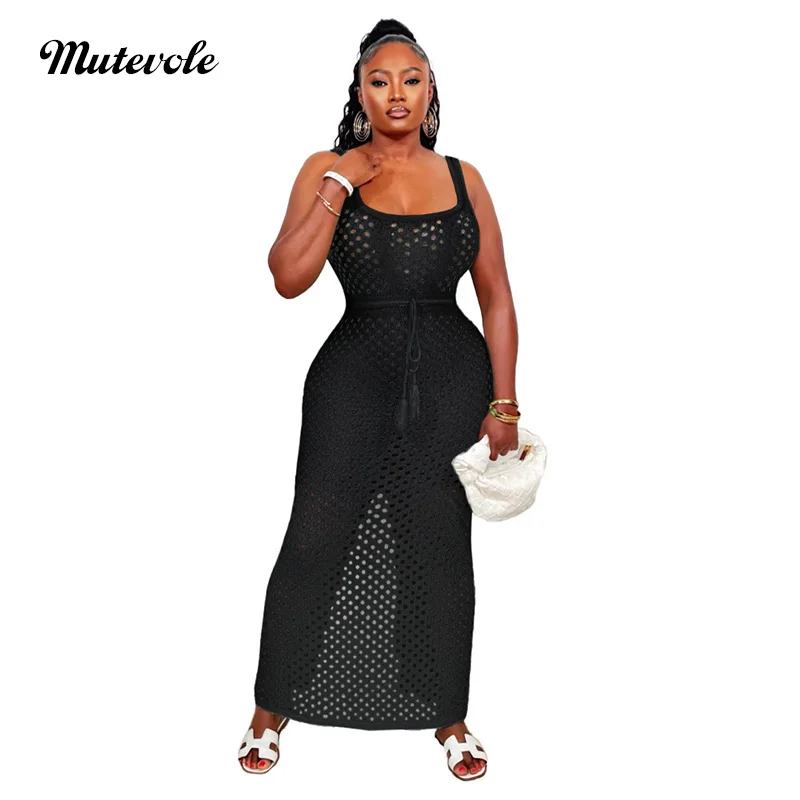 Mutevole Women Summer Beach copricostume lungo lavorato a maglia Sexy Back Split Bandage Crochet Sundress