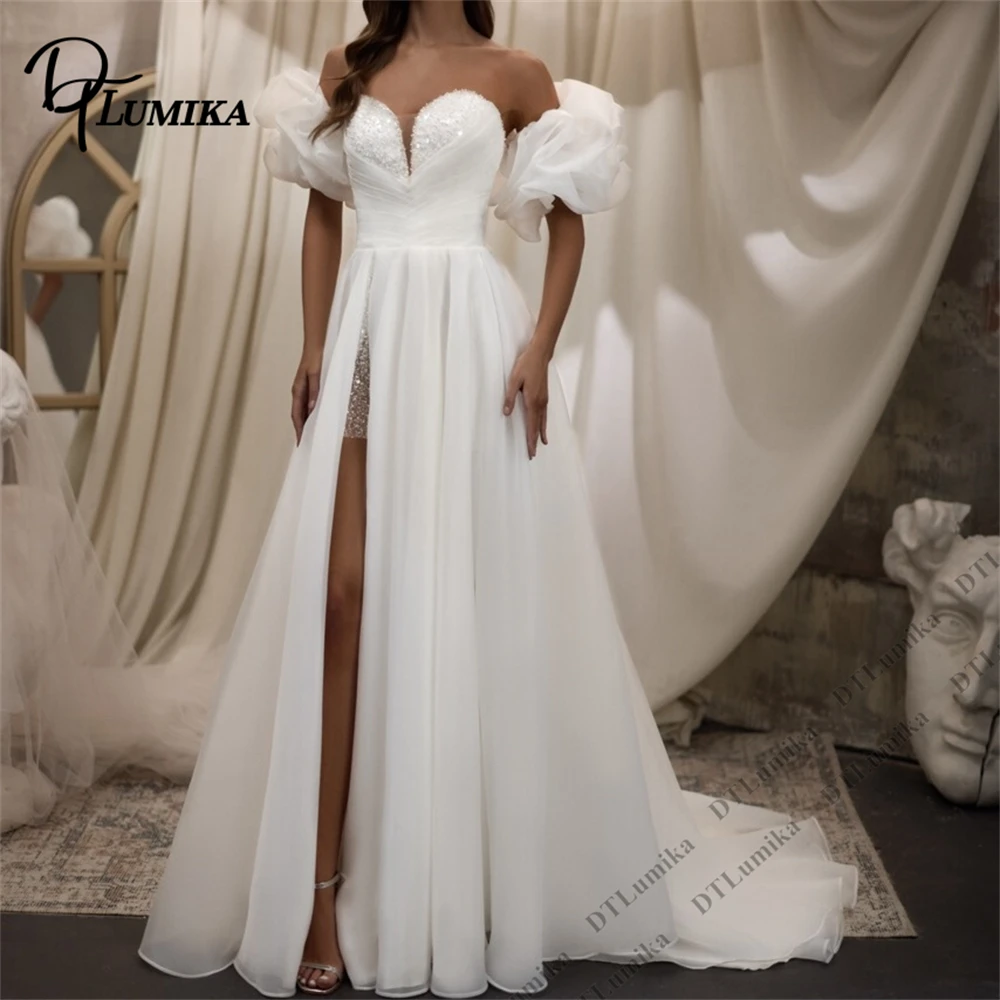 

DTLumika Organza A Line Wedding Dress for Women, Off-Shoulder Long Bride Dresses Sequined Sweetheart Bride Dresses Customized