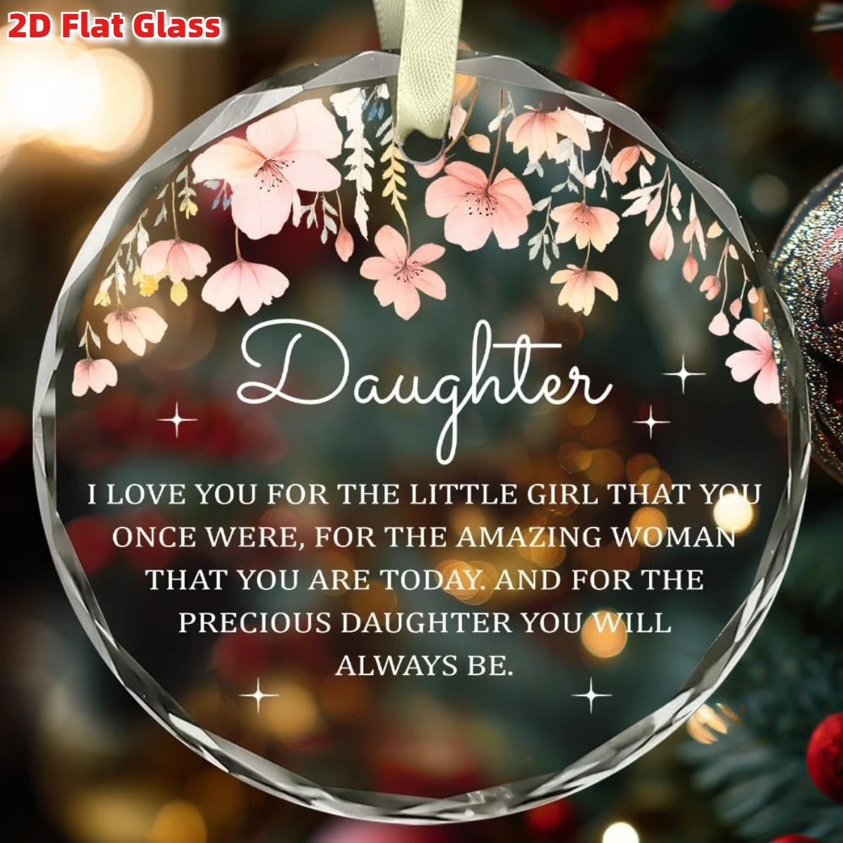 

2D flat daughter name and vintage glass Christmas pendant - family message from parents - 8cm daughter commemorative gift with