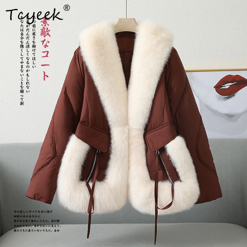 Tcyeek الخريف الشتاء الراقية العصرية الثعلب الفراء النسخة الكورية الخامس الرقبة المرأة الأبيض أوزة أسفل معطف الفرو Casacas Para Mujer Invierno