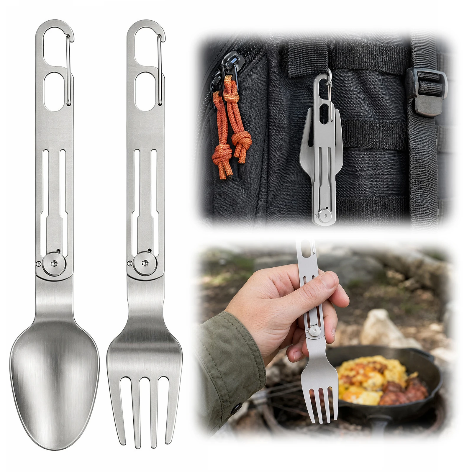 Stainless Steel Travel Utensil with Hanging Loop and Clip Rotating Foldable Spork Lightweight Compact for Outdoor Travel Camping