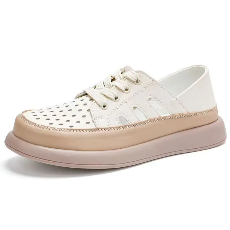

Woman's Summer New Leather Hollow Out Flat Sole Shoes Round Toe Non Slip Low Top Slip On Cave Shoes Lightweight Walking Shoes