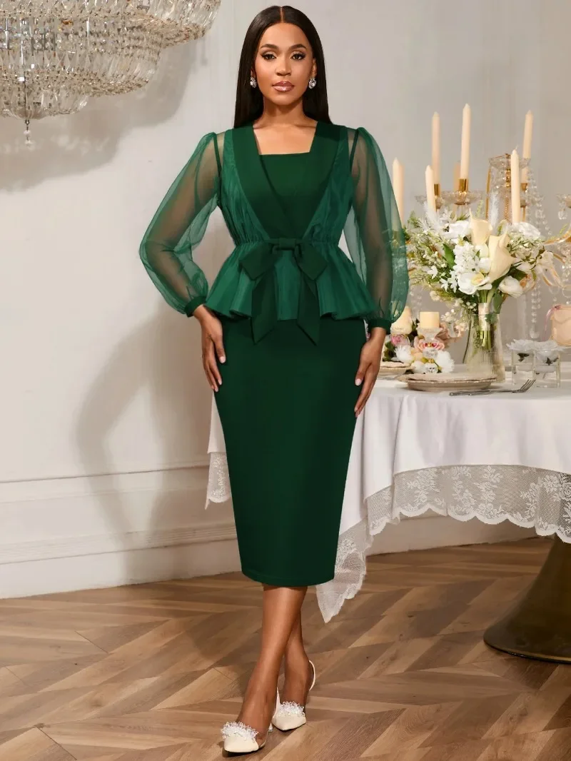 

Women Two Piece Sets Outfits Square Collar Long Lantern Mesh Sleeves Lace Up Bow Package Hip Office Lady Cocktail Party Clothing