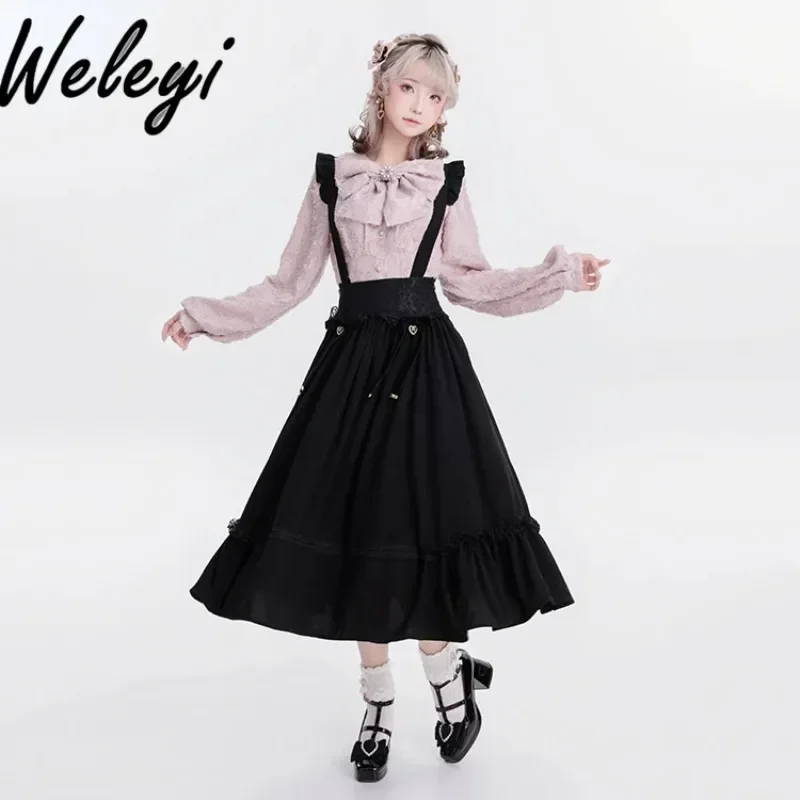 

Kawaii Japanese Girls' Strap Skirt 2024 Winter Fashion Sweet Snowflake Lace Black Long Cute Strap Detachable Fashion Skirt