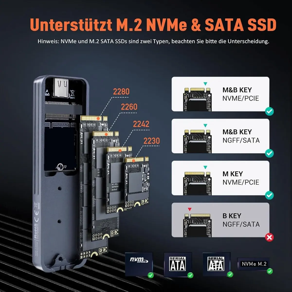 SPECIAL OFFER M.2 NVMe SATA SSD Enclosure, USB 3.1 10 Gbps M2 SSD Enclosure, Aluminium M2 SSD Adapter with Cooling Pad