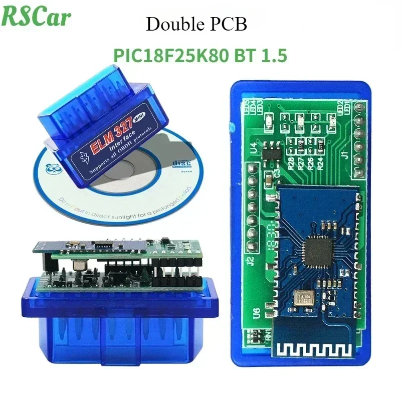 Ferramenta de diagnóstico universal do veículo, Super Mini Scanner, PCB duplo para Android, Protocolo OBD2, ELM327, V1.5, PIC18F25K80