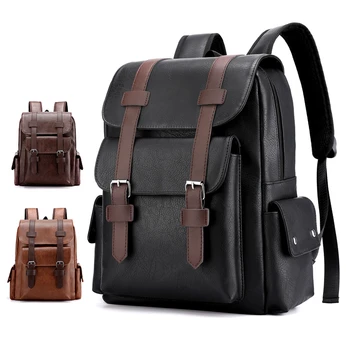 2023 Men Backpack PU Leather Bagpack Large Laptop Backpacks Male Mochilas Black Schoolbag