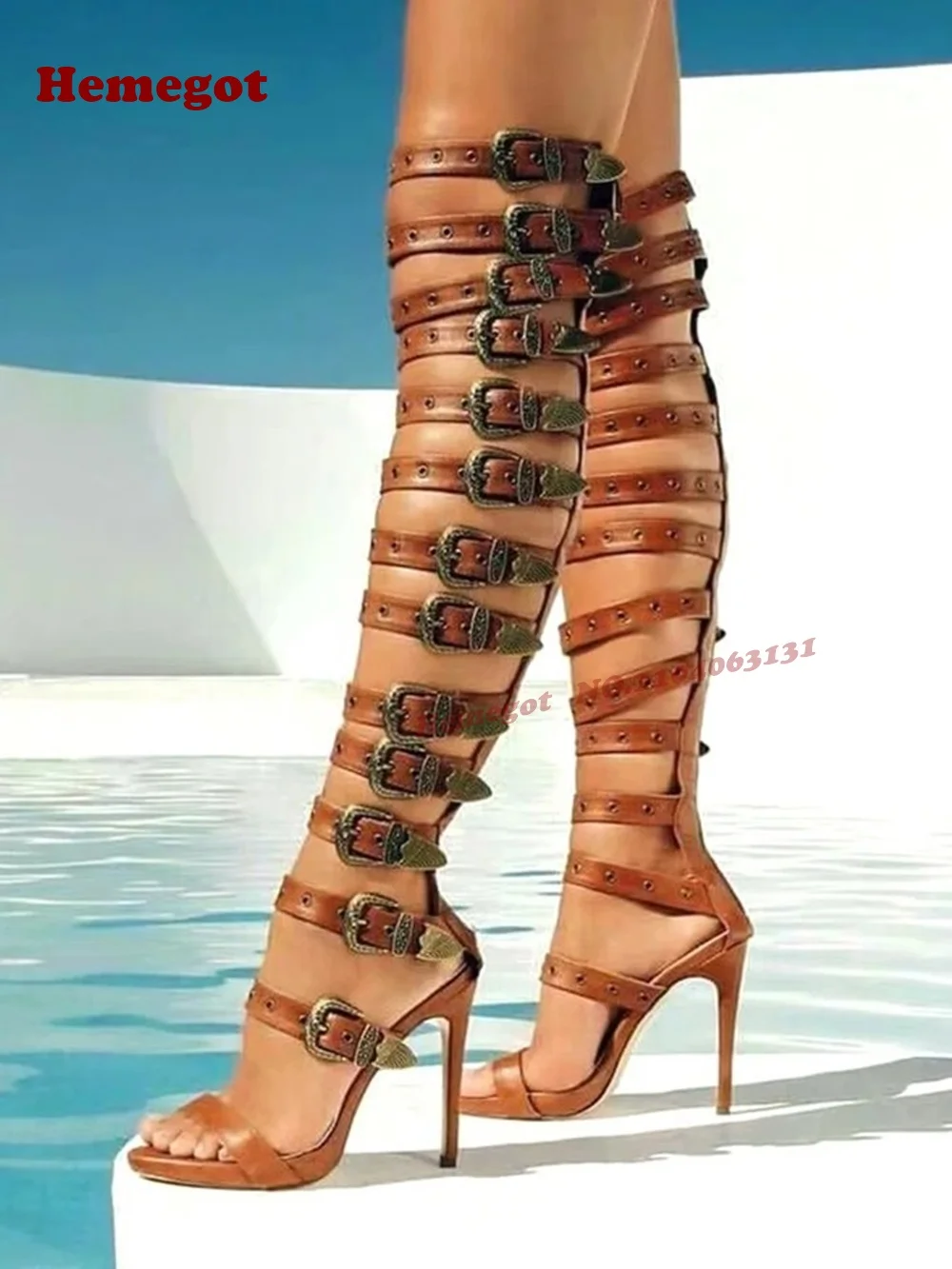 Open Toe Cut-Out Women's Sandals Brown Belt-Buckled Stiletto Gladiator Sandals Metal Decor Solid Leather Motorcycle Summer Shoes
