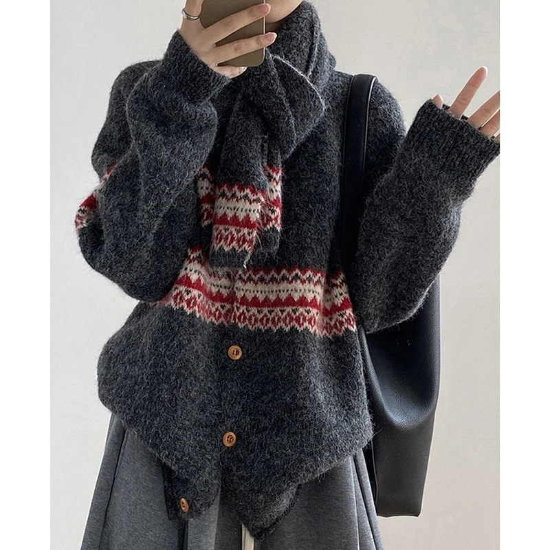 Women Fair Isle Knit Cardigan Matching Scarf Set Fuzzy Sweater Oversized Zigzag Pattern Winter Cozy Outerwear Top