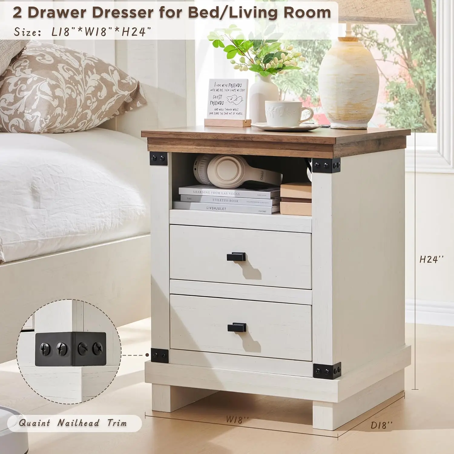 

Farmhouse Nightstand Set of 2 , 18" Rustic Night Stand with 2 Storage Drawers, Wood End Table for Bedroom, Living Room