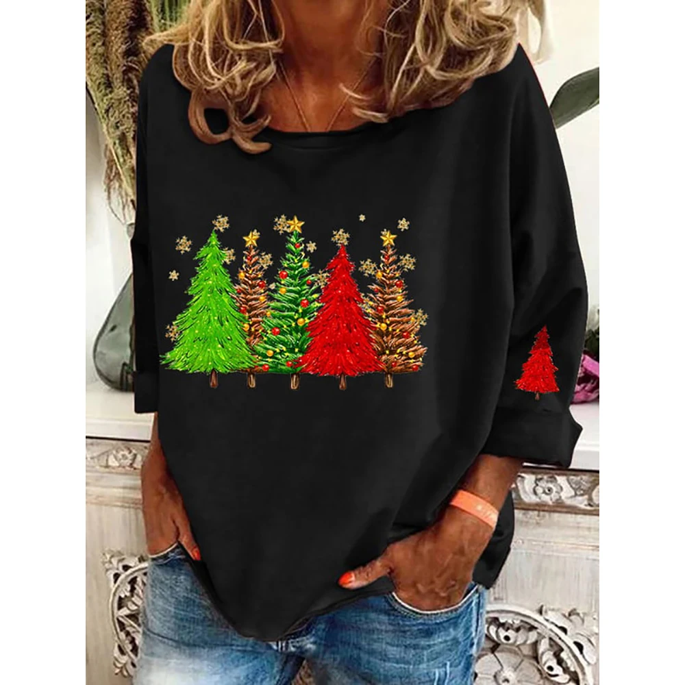 Women\'s Christmas Trees Print Causal T-Shirt O-Neck Cotton Tops Autumn Ladies Pullover Harajuku Long Sleeve Female Loose Clothes