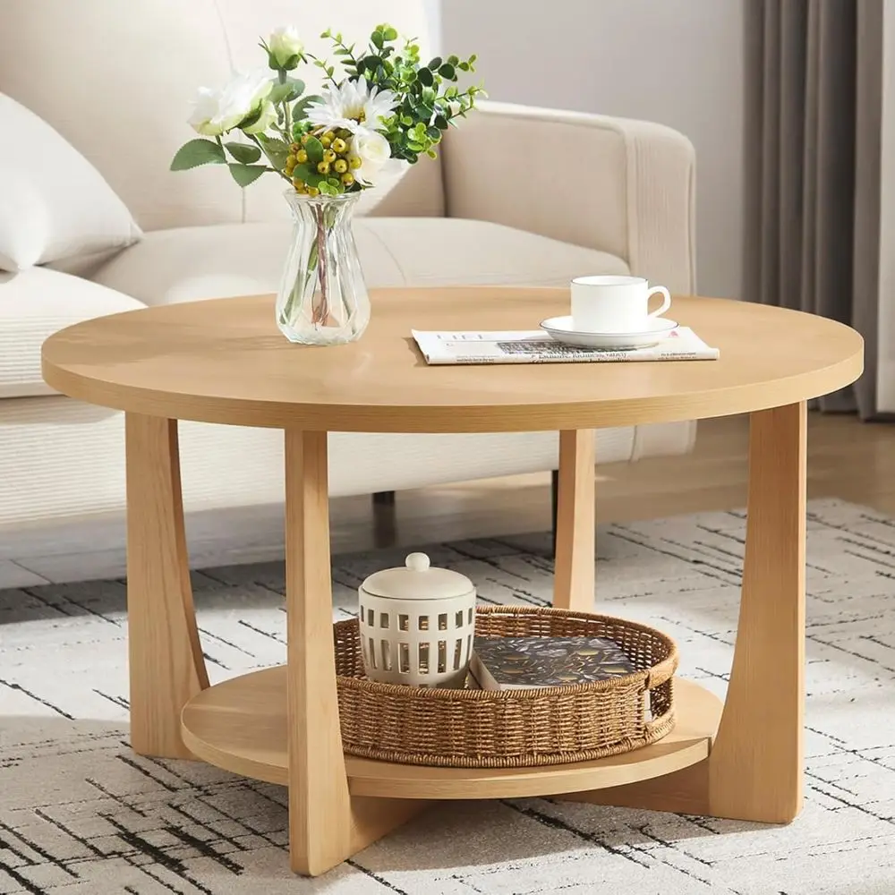 

Natural Pine 2-Tier Round Coffee Table with Storage Shelf for Living Room - Modern Boho Style