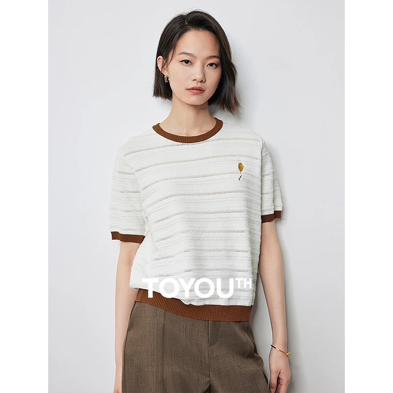 TOYOUTH Women Knitwear 2024 Summer New Contrast Color Hollow Out Round Neck Ice Feelling Tops