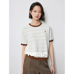 TOYOUY-女性のための丸い透かし彫りの襟付きトップス,対照的な色のTシャツ,新しい夏のコレクション2024