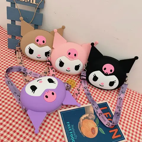 Bolso MINISO Sanrio Kawaii Kuromi, bolso de hombro de silicona, monedero impermeable, bolso cruzado de muñeca de dibujos animados para cumpleaños de niños