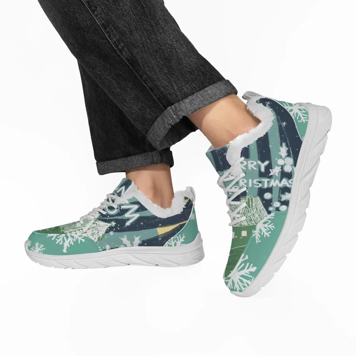 

New Christmas Round-toe Lace-up Fleece Warm Lightweight Large-sized Holiday-themed Autumn and Winter Flat Casual Sports Shoes