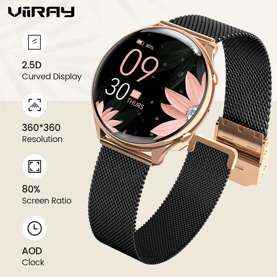 Viiray Montre intelligente pour femme Écran HD 1,39 pouces Moniteur de fréquence cardiaque et de sommeil Traqueur de cycle menstruel compatible avec iOS/Android