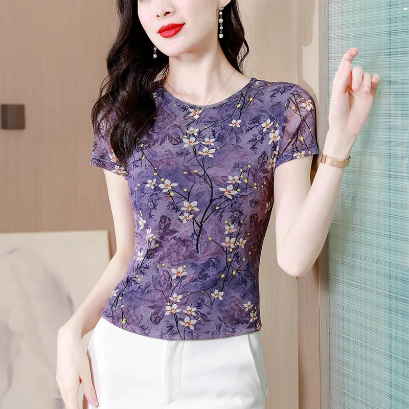 Korean Fashion Women Mesh T-shirt Round Neck Short Sleeve Casual Tops Summer Floral Printed Shirt