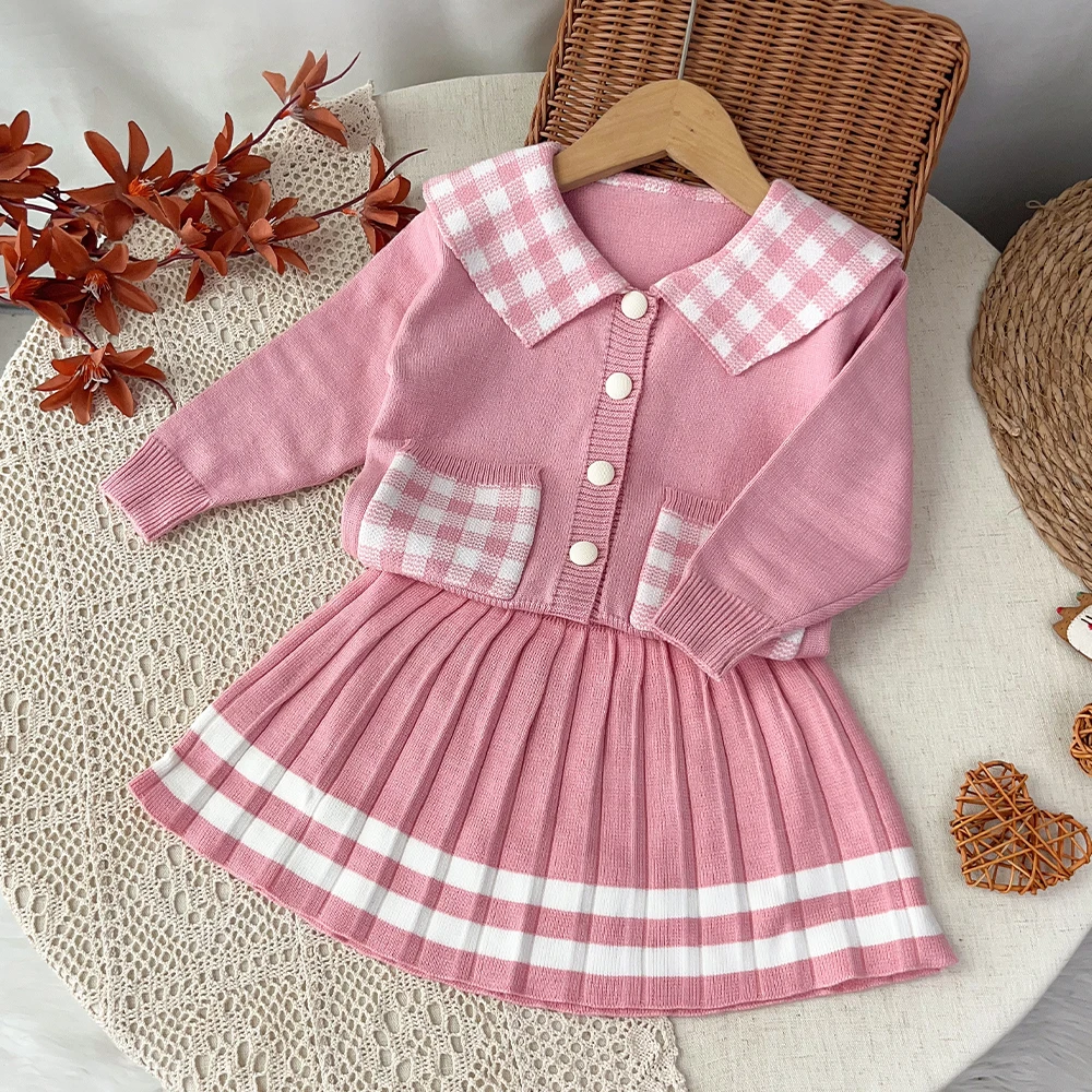 Pink College Style Sweet and Cute Knitted Casual Suit with A Collared Plaid Top and Pleated Skirt Two Piece Set for Autumn