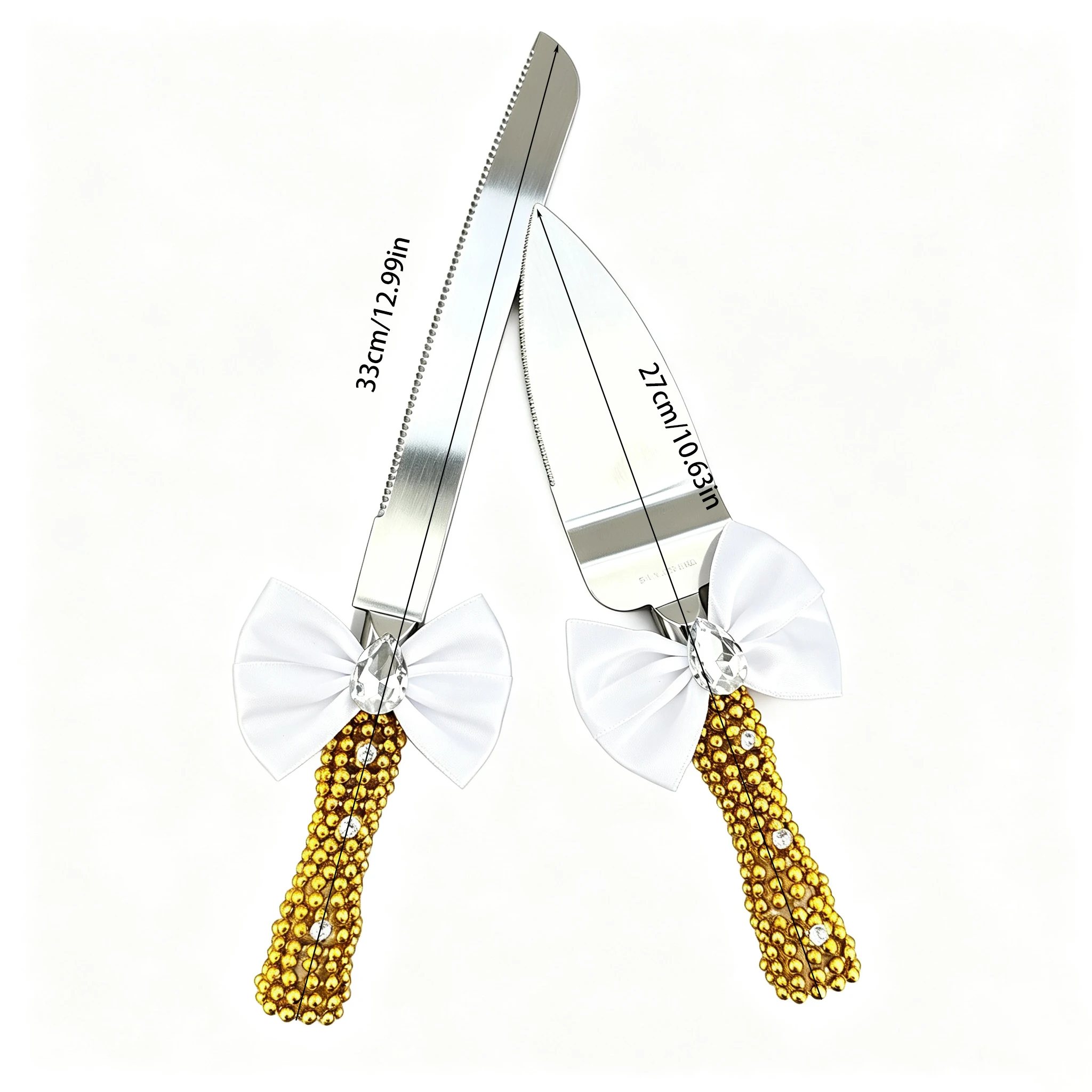Wedding Cake Knife Server Set Gold Beaded Handle With White Bow Rhinestone Decoration Cake Cutting Kit Wedding Party Supplies