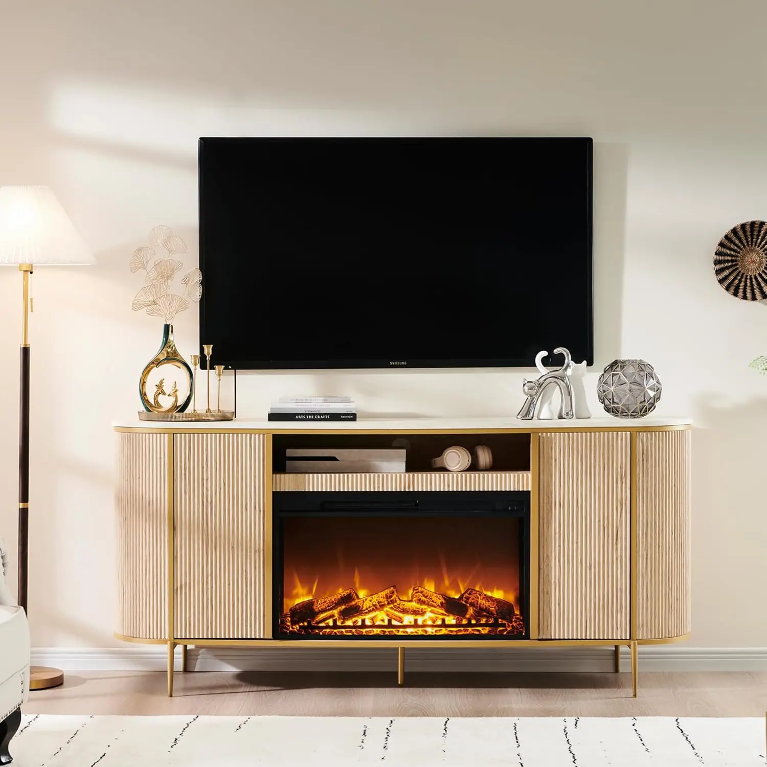 

Luxury 70" Fluted Fireplace TV Stand, Modern Chic Entertainment Center,Curved Profile Design, Media Console, Natural Oak