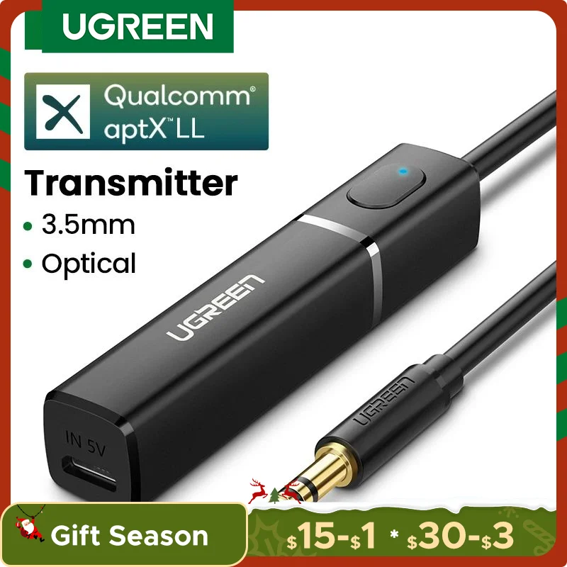 UGREEN Bluetooth 5.0 Transmitter TV Headphone PC APTX LL Adapter 3.5mm Audio Music Wireless Transmitter