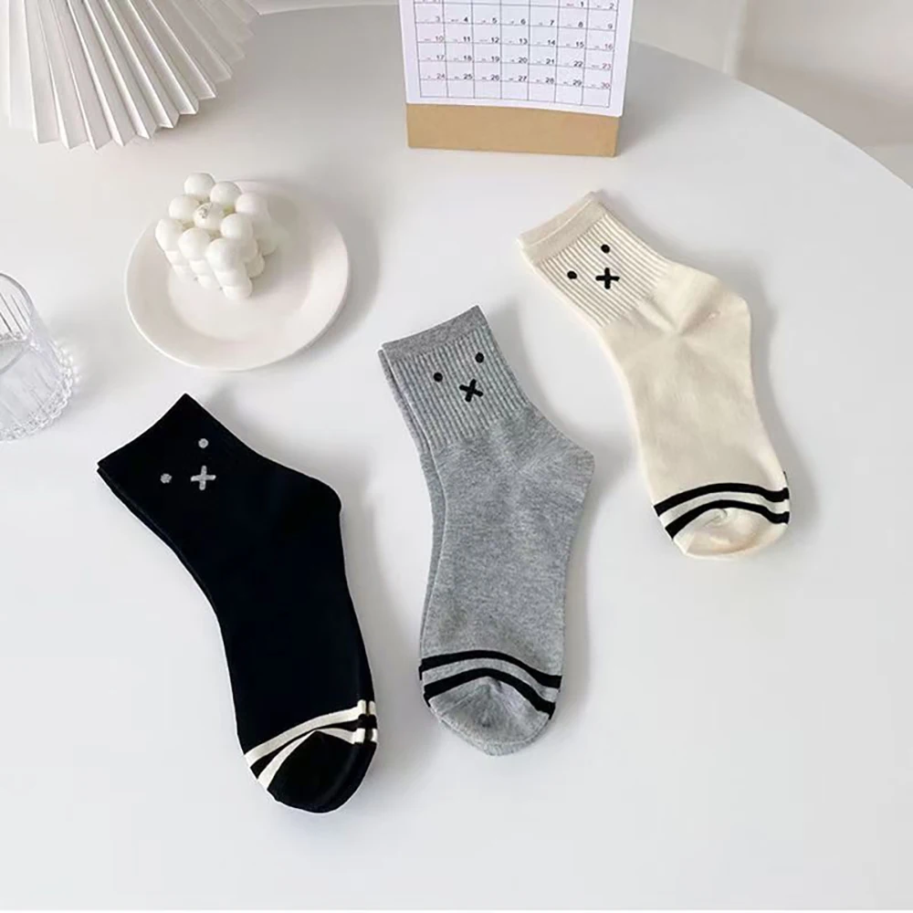 Kawaii Miffy Crew Socks Cute Rabbit Face Cotton Breathable Comfortable Striped Mid-Calf Fashion All-season Casual Girl Gift