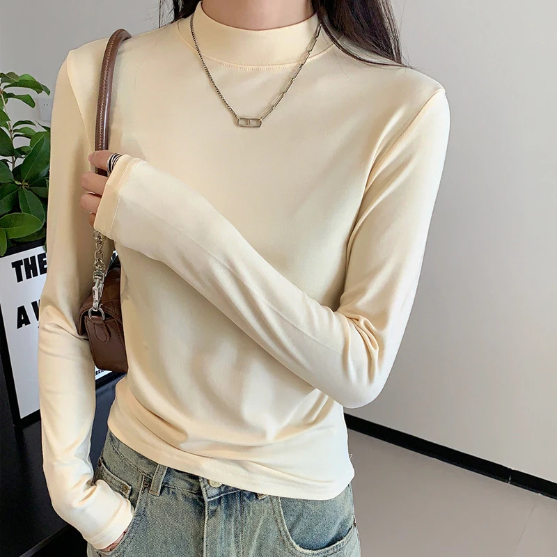 Einfarbig Halb Hohen Kragen Stricken Pullover Frauen Herbst Winter Bodenbildung Langarm T-shirt Frau Alle Spiel Grundlegende Jumper Mujer