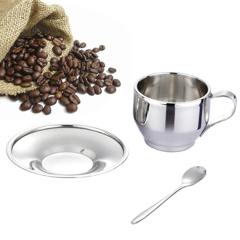 Insulated Coffee Cup Set-Double Walled Espresso Cups Latte Cappuccino Tea Cup With Saucer And Spoon 125Ml (Set Of 4)