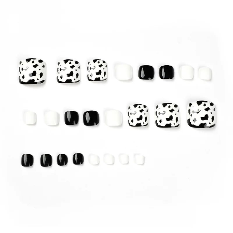 Valse Teen Nagels 2022 Zwart En Wit Eenvoudige Dragen Nail Art Patroon Verwijderbare Nail Stickers Acryl Druk Ons 24psc Voor voeten