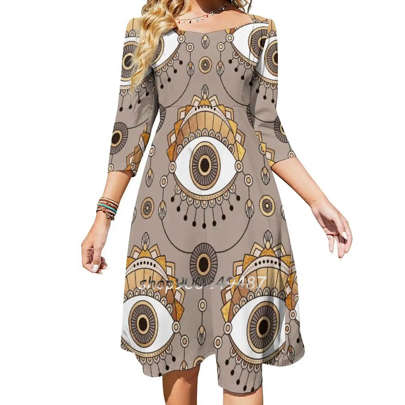 Gold Eyes Pattern Sweetheart Knot Flared Dress Fashion Design Large Size Loose Dress Eyes Eye Gold Golden Luxurious Ornamental