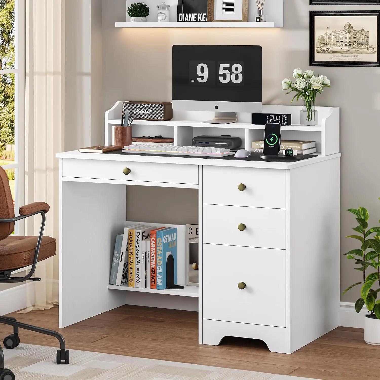 Wood Desk with Drawers & Hutch, 43