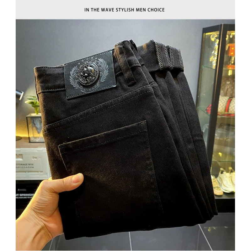 Jean Slim Noir Pur pour Homme, Pantalon Long en Denim, artificiel astique, Décontracté, Haut de Gamme, Bas de Luxe, Abordable, à la Mode, Nouvelle Collection Automne 2024