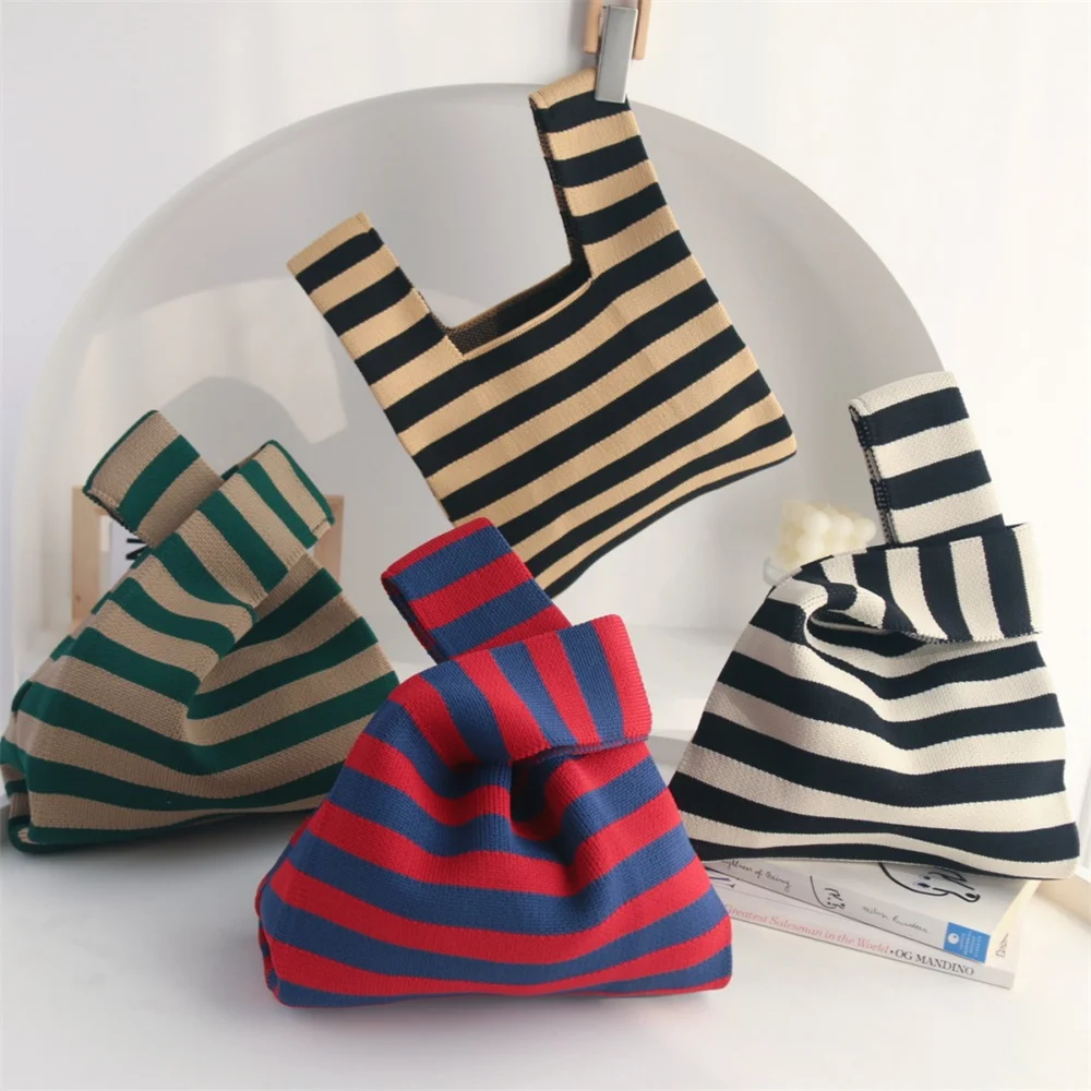 Original Design Stripes Knitted Bag Mini Knot Wrist Bag Japanese Casual Color Wide Stripe Tote Bag Handbag Phone Pouch Key Purse