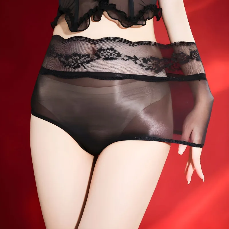 

Lace Waist Briefs Women Sexy Oil Shiny Seamless Underwear Ultra Thin Stockings Underpants Erotic Lingerie Transparent Panties
