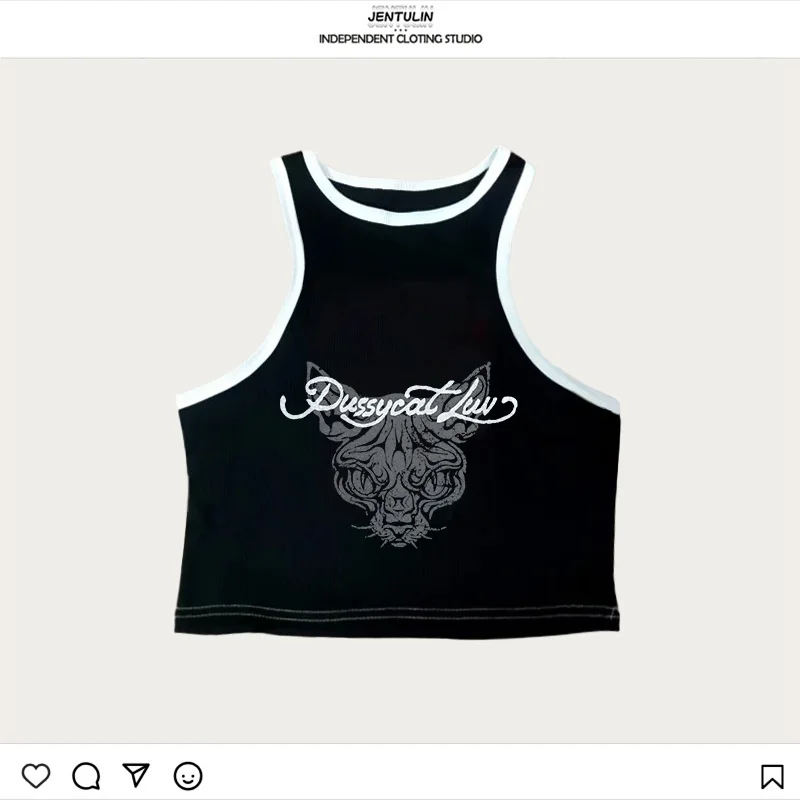 하라주쿠 고스 힙합 푸시캣 러브 그래픽 티셔츠 패션 Y2K 스타일 크롭탑 2000년대 여름 펑크 핫걸 베스트 섹시 탱크탑