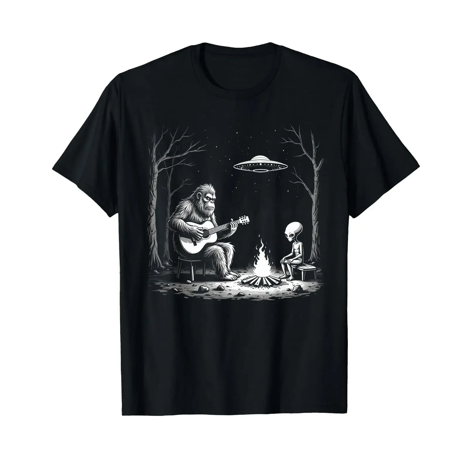 Bigfoot Guitar T Shirt Campfire Alien UFO Camping Sasquatch vintage Washed Soft Versatile Top For Everyday Wear graphic Casual
