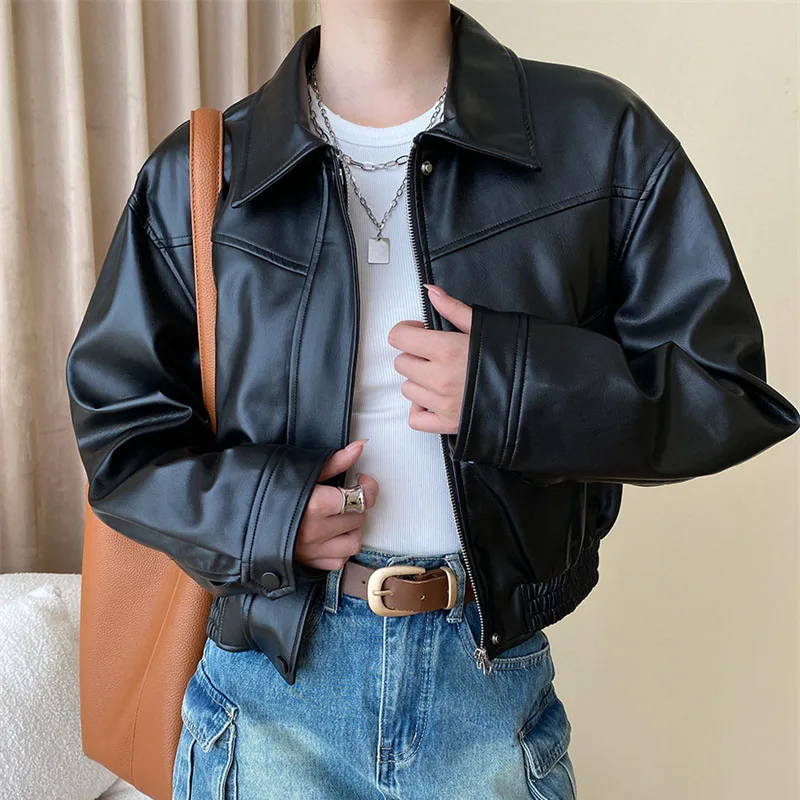 2023 High Quality Leather Jacket Women Short Coat Autumn Winter Streetwear Black Brown Outerwear Female Casual Top Loose PU Coat