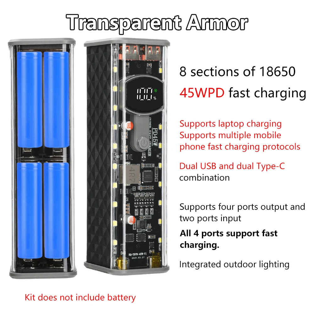 Custodia per banca di potere 8x18650 PD 22,5 W 45 W Ricarica rapida Schermo LED Scatola di immagazzinaggio batteria trasparente Porta USB + tipo C per smartphone