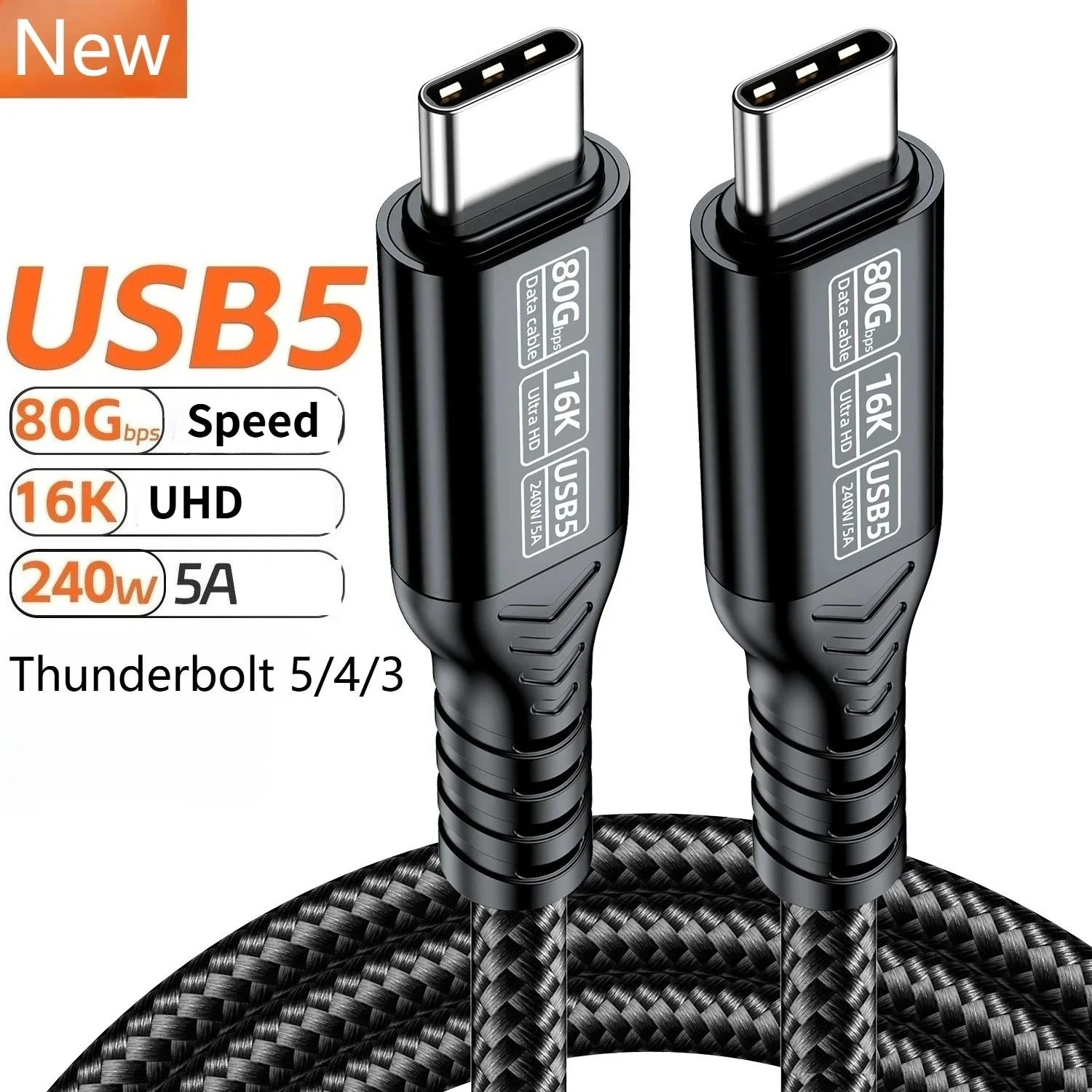 16K Thunderbolt 5 Type C to USB C Cable USB5 80Gbps UHD Type-C Data Transfer Video Wire 240W Fast Charge USBC Cable For eGPU Mac