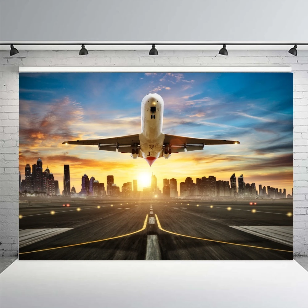 Blue Sky Clouds AirPlane Photography Backdrop Airport Waiting Room Plane Take Off Boys Birthday Party Decor Photocall Background