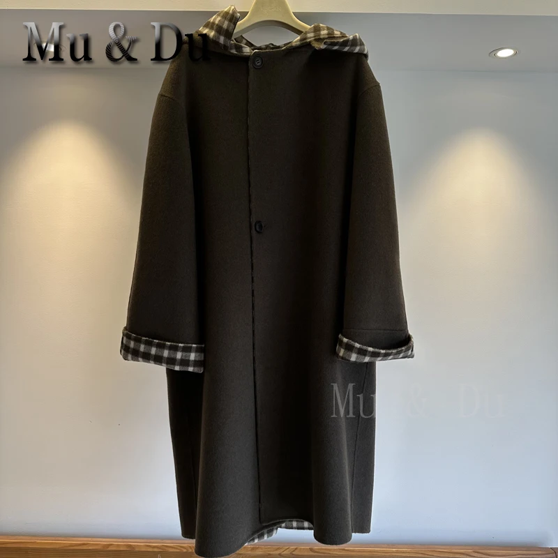 Mu&Du Spliced Plaid Hooded 72% Wool Coat For Women Long Sleeve Loose New Overcoat Fashion Tide Autumn Winter Oversize Outerwear