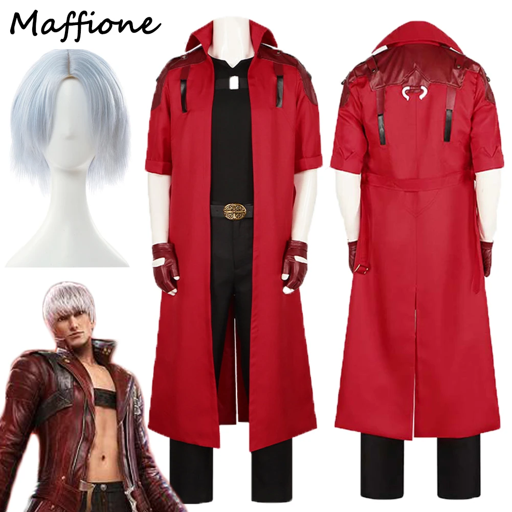 Dante Cosplay disfraces rojos juego de peluca DMC 5 disfraz trajes de juego de rol chaqueta larga guantes conjunto hombres trajes de fiesta de Halloween