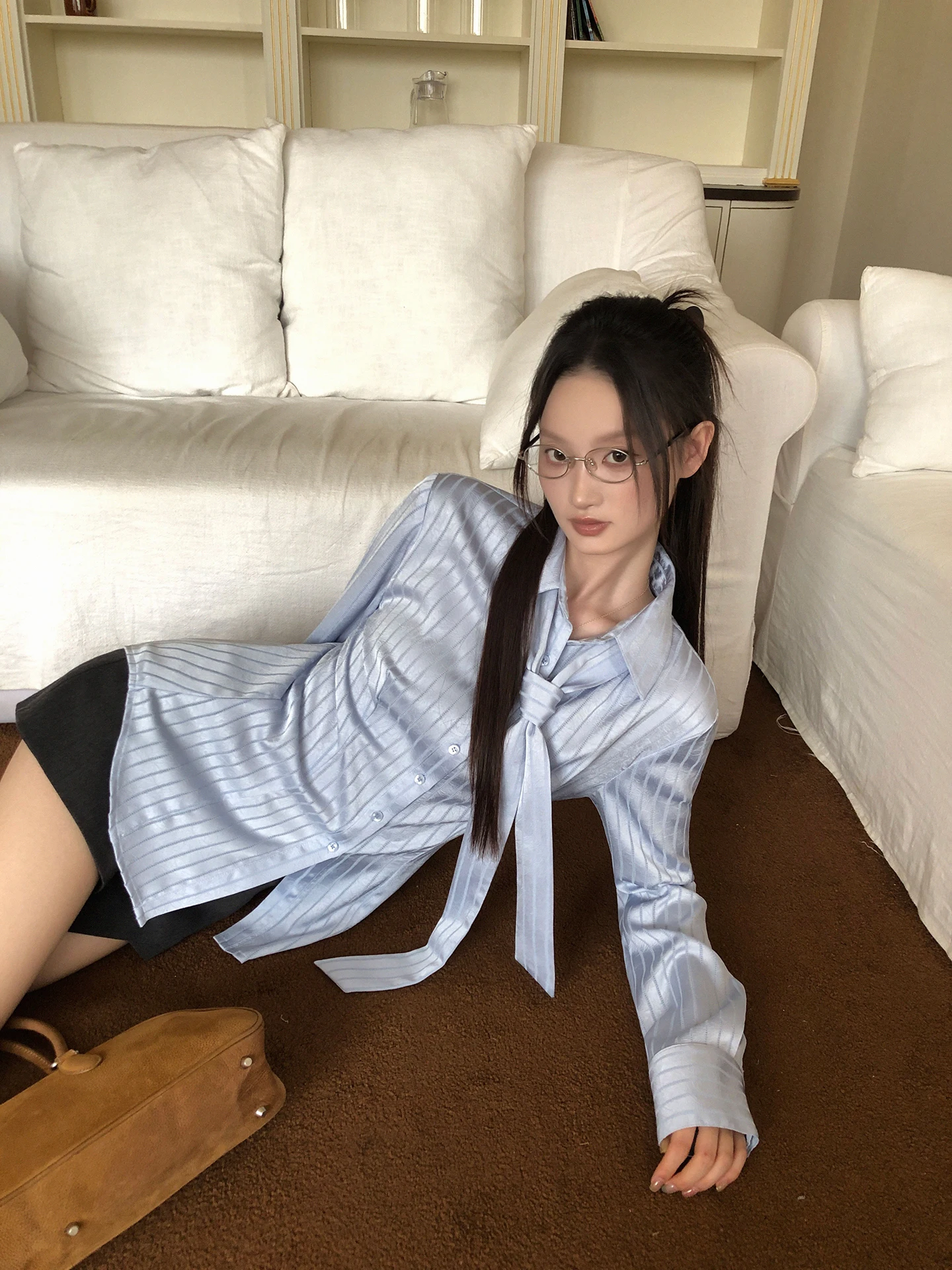 Haut Chic à rayures bleu pour femmes, coupe cintrée, haut Chic, confortable, respirant, Long, en Fiber de Polyester, automne