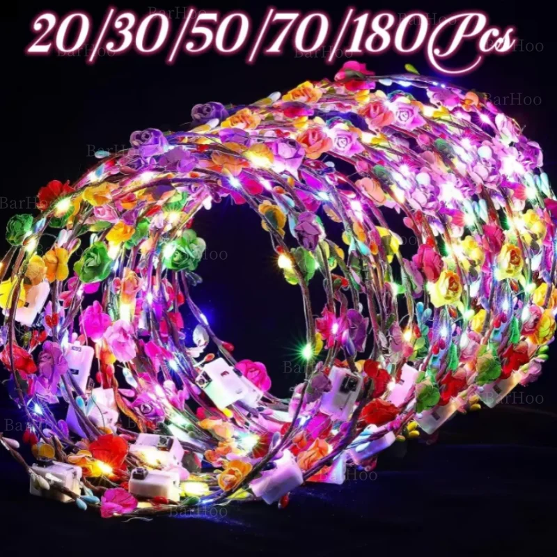 

20/30/50/180Pcs Light up Flower Headband LED Flower Hair Crown Glowing Floral Wreath Crowns Birthday Wedding Party Favors