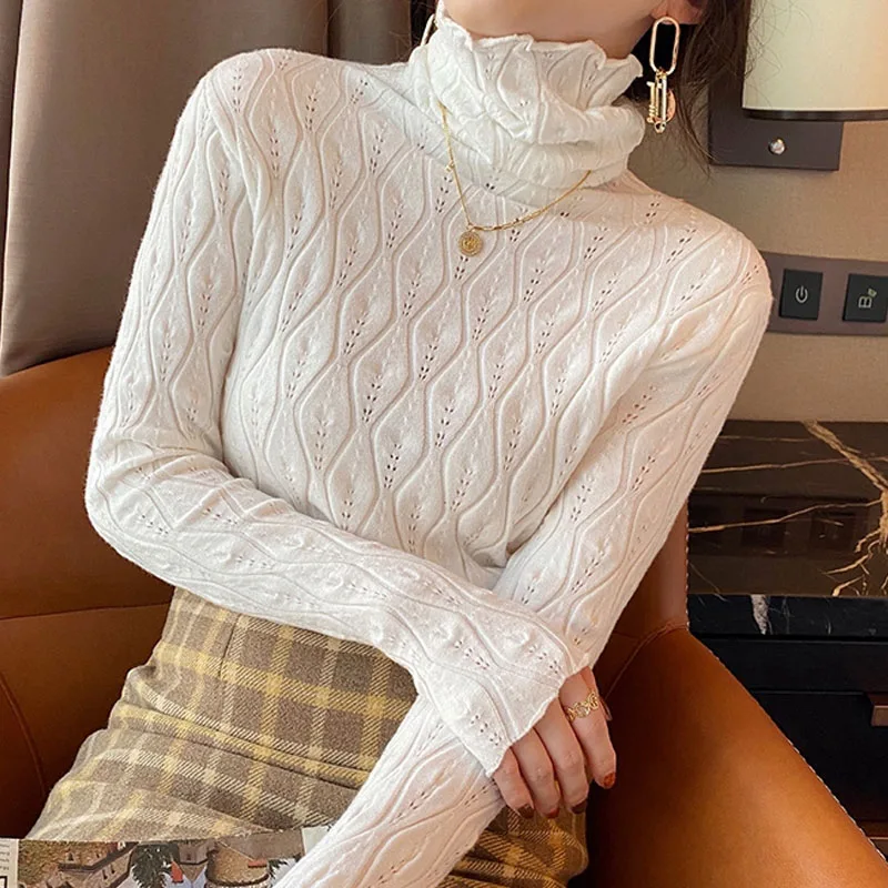 

Knitted Sweater Women Pullovers New Long Sleeve Turtleneck White Black Knit Sweater Pullover Women Tops Sueters De Mujer Q1147