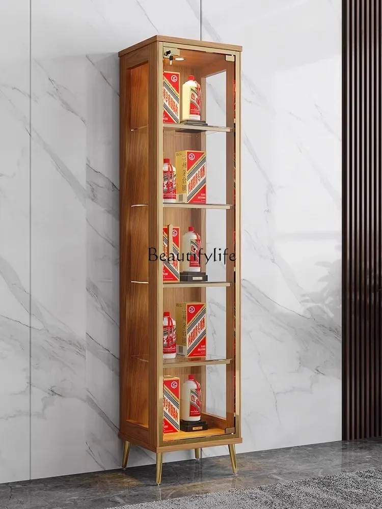 

FGSolid wood display living room against the wall wine cabinet light luxury high-end small Chinese household glass wine cabinet